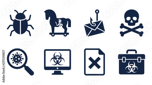 Malware computer virus and cyber threat vector icons set featuring software bug trojan horse phishing email skull and crossbones virus scan on magnifier computer biohazard file error and hazard kit bo