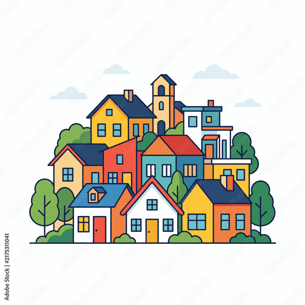 Naklejka premium Colorful cartoon houses in a whimsical neighborhood illustration. vector illustration
