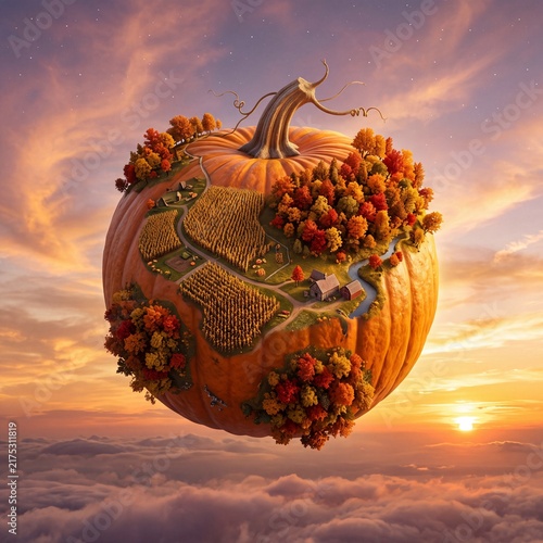 Whimsical pumpkin planet with autumn forest, farms, golden fields and sunset clouds, ideal for Thanksgiving, harvest, seasonal fantasy and fall landscape design projects.