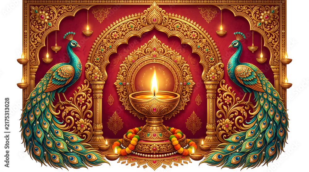 Fototapeta premium Ornate golden diya lamp with peacocks for happy diwali festival celebration isolated on transparent background