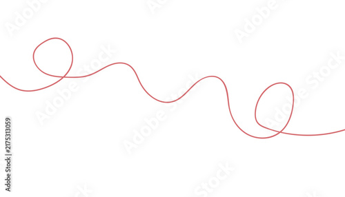 Minimalist red string line vector, continuous hand drawn thread with loops, abstract wavy cord element for connection and fate concepts