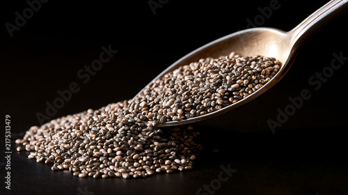 Chia seeds, scientifically known as Salvia hispanica, poured from a vintage metal spoon onto a dark surface in macro studio lighting shot