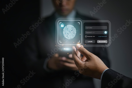 Hand interacting with a holographic fingerprint biometric authentication interface for user login