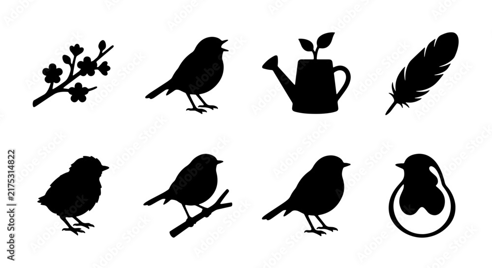 Fototapeta premium Charming Bird Silhouettes Collection, Spring Blossom Branch, Watering Can with Sprouts, Feather Icon, Vector Graphics for Nature and Garden Themes