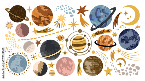 Hand drawn set with various planets, Earth, Saturn, Sun, Moon, eclipse, shooting and sparkling stars, galactics, constellations, comets. Cartoon illustrations of outer space for educational materials.