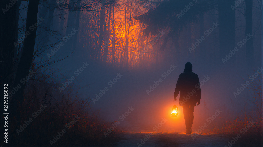 Obraz premium Hooded man with glowing lantern walking in dark foggy forest at night. Mysterious silhouette in misty woods. Scary horror atmosphere for Halloween and mystery concept