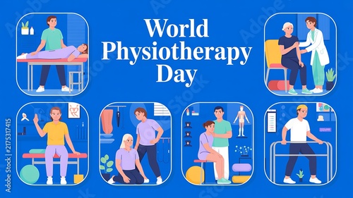World physiotherapy day concept with medical therapy scenes