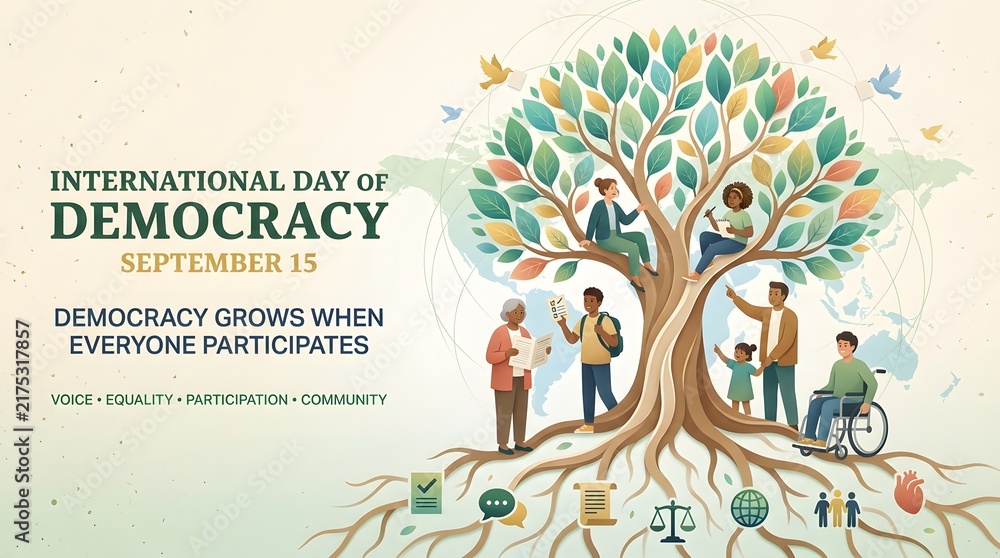 Fototapeta premium Colorful illustration depicts a tree symbolizing international day of democracy and civic engagement