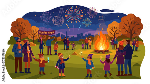 Autumn Bonfire Festival with Fireworks and Families
