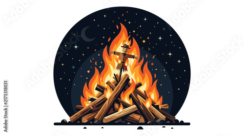 Bonfire with Scarecrow Silhouette at Night