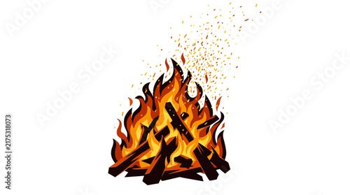 Burning campfire with flying embers isolated