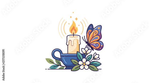 Candle with Butterfly and Flowers, Isolated