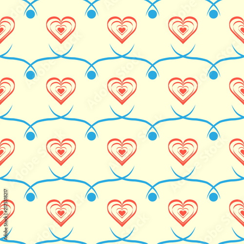 Seamless pattern with wavy line and hearts on yellow