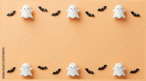 Flat lay of cute white ghosts and black bats on orange background