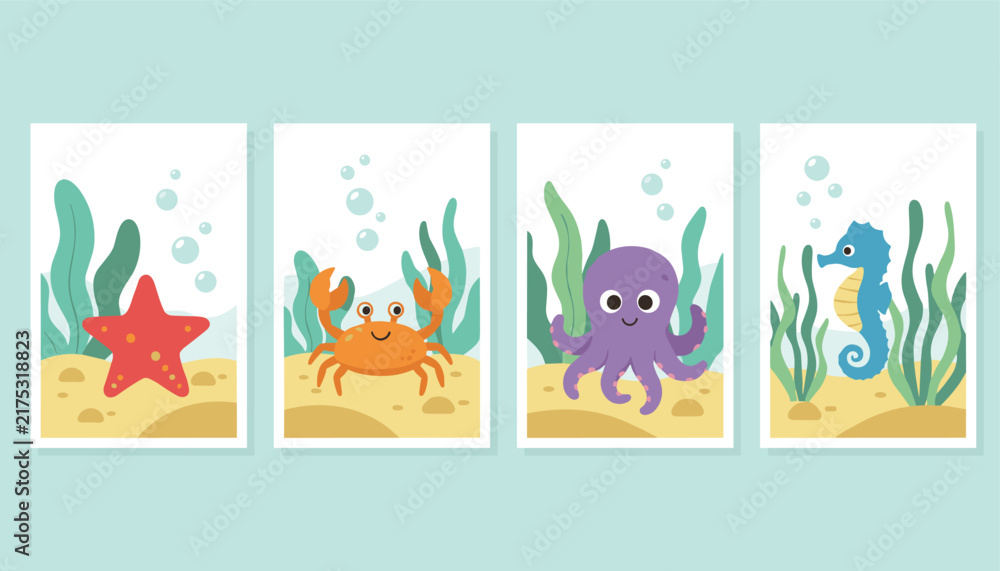 Fototapeta premium Set of four cute sea life nursery posters featuring a cartoon starfish, crab, octopus, and seahorse under water.