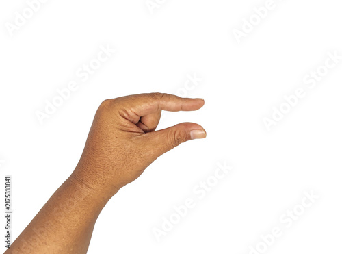 Hand showing small size gesture holding invisible object isolated. hand holding something tiny, pinching, or measuring small amount for communication.