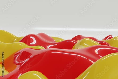 Abstract 3D glossy waves in vibrant red and yellow, creating a dynamic modern background with smooth flowing forms.