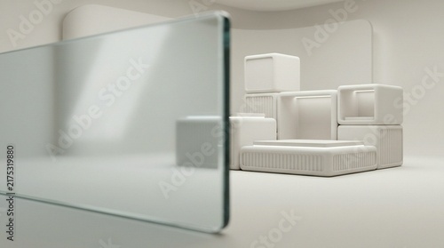 Abstract geometric composition with frosted glass foreground and white cubes in background