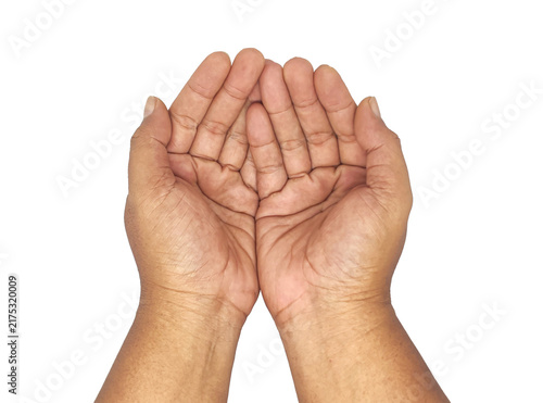 Two cupped empty open hands raised together isolated.