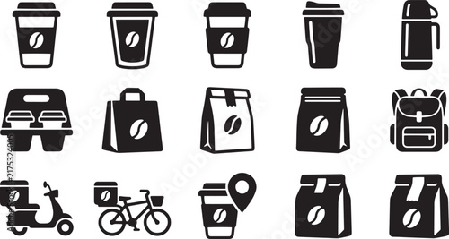 Coffee Takeaway Delivery Packaging and Travel Accessories Vector Icon Set