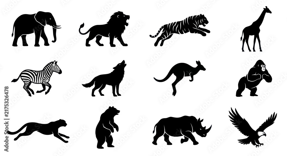 Obraz premium Collection of diverse wild animal silhouettes in various poses.