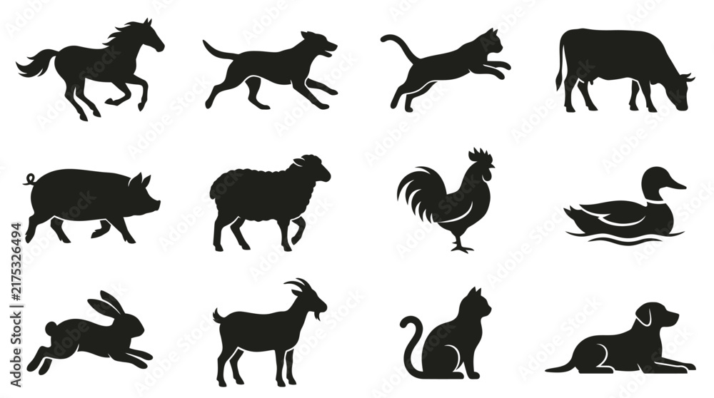 Obraz premium Collection of domestic animal silhouettes including horse, dog, cat, cow, pig, sheep, rooster, duck, rabbit, goat, and more.