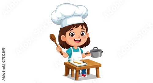 Cheerful girl chef cooking with wooden spoon
