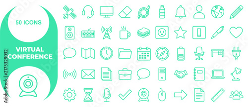Diverse set of essential virtual conference communication icons for digital workspace productivity and remote team collaboration software
