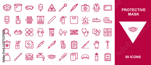 Set of fifty linear healthcare and protective mask icons for medical equipment and clinical safety documentation