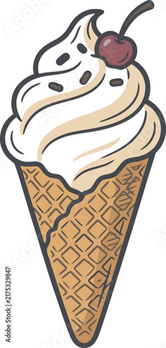 Vector illustration of a vanilla soft serve ice cream swirl in a waffle cone topped with a single red cherry and chocolate sprinkles, isolated on a white background for design use.