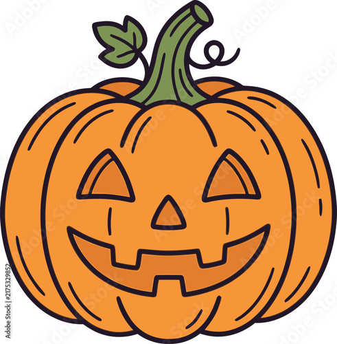 Hand-Drawn Halloween Jack-o-Lantern Illustration featuring a Carved Orange Pumpkin with a Toothy Smile, Green Stem, and Small Leaf, Isolated on a White Background for Holiday Design.