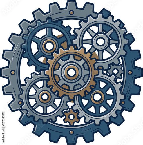 Stylized vector illustration of interlocking mechanical gears and cogs in blue and bronze colors, featuring a complex circular gear system isolated on a plain white background.