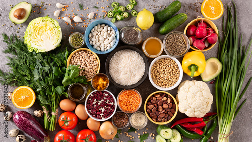 Healthy food ingredients collection with vegetables legumes grains and copy space