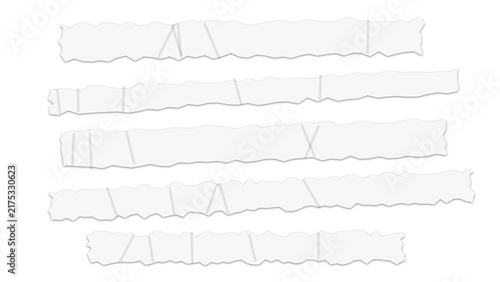 Set of five horizontal white masking tape strips with jagged torn edges positioned in parallel rows against a deep black background