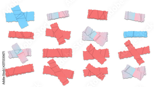Set of pastel adhesive tape strips and cross shapes in pink, blue, and cream colors arranged on a solid black background, for decoration