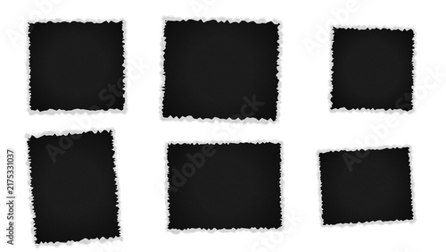 Set of six hand drawn rectangular frames with rough sketchy edges on a solid black background, for collage or layout
