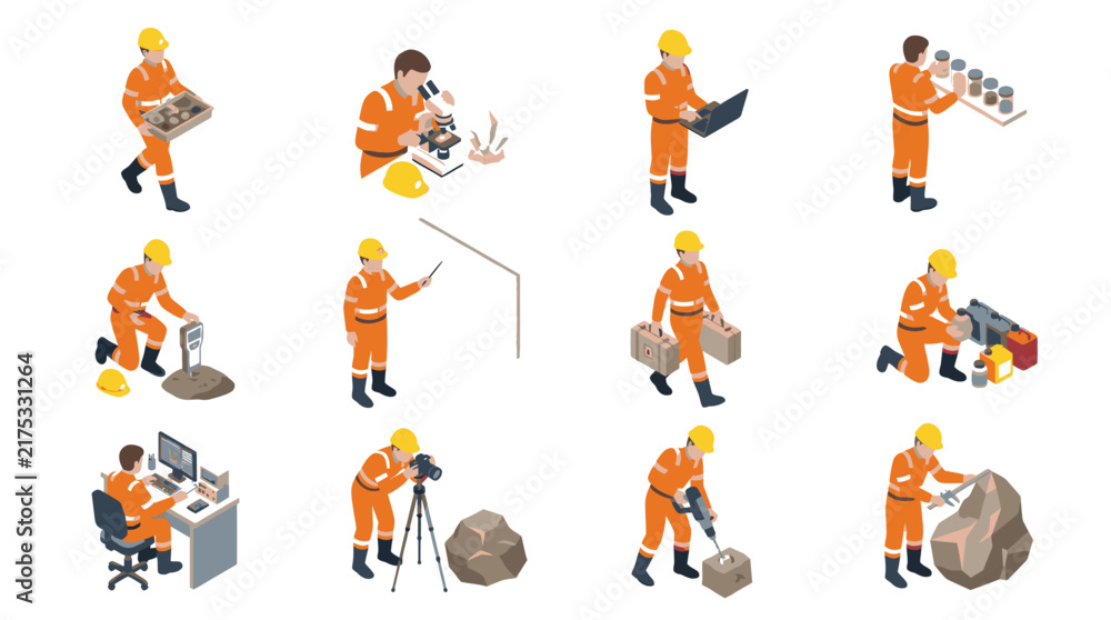 Fototapeta premium Construction workers in various professional roles and activities.