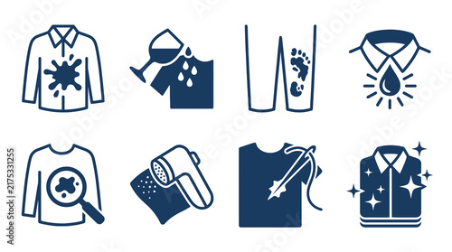 Stains removal and clothing maintenance vector icons set featuring stained shirt wine spill dirty pants drop cleaning inspect stain fabric shaver mending needle and clean sparkling clothes