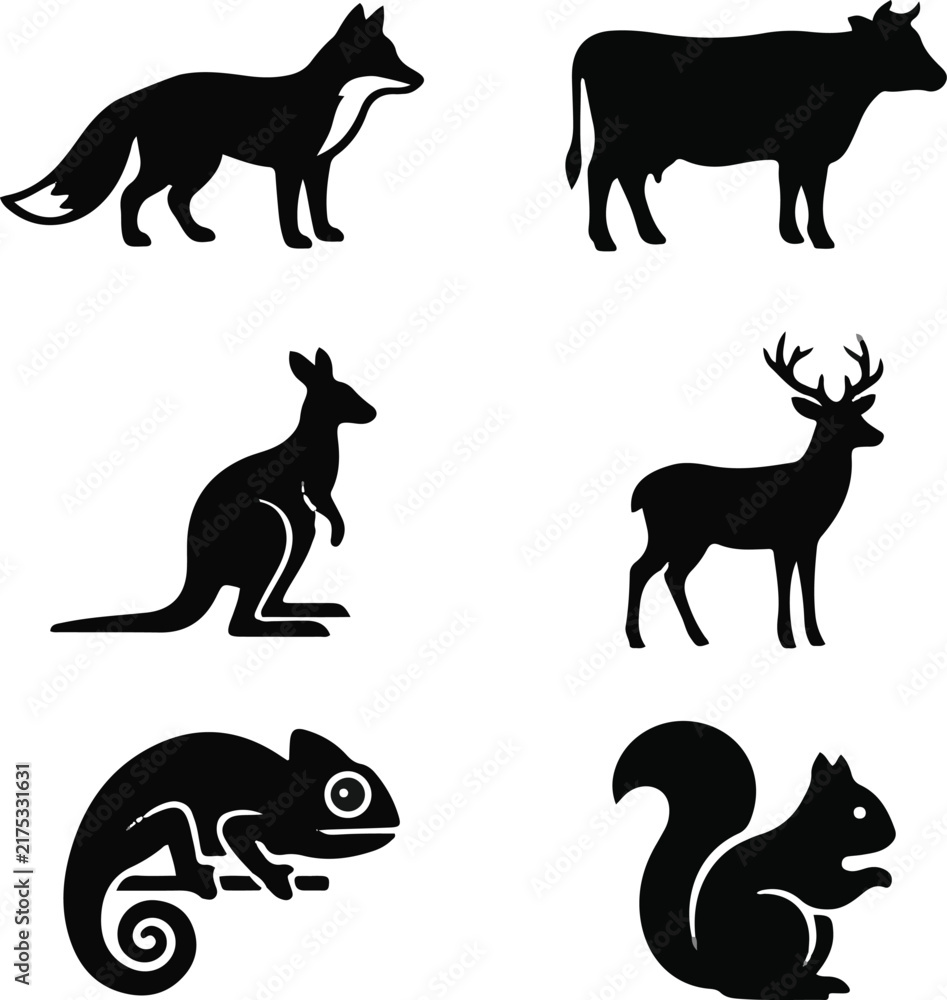 Obraz premium Wildlife animal silhouette collection featuring fox, cow, kangaroo, deer, chameleon, and squirrel icons for nature, zoology, and educational vector illustration design