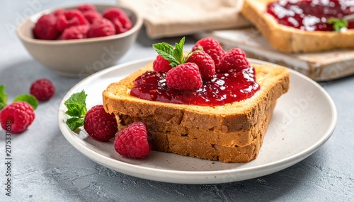 Toast with raspberry jam and fresh berries on ceramic plate, breakfast concept