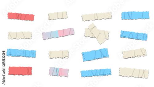 Set of various adhesive tape strips with rough edges in pastel and bright colors, isolated on a black background, for digital scrapbooking