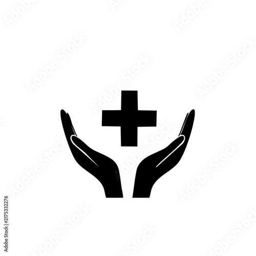 Hands Protecting Medical Cross Thin Line Icon