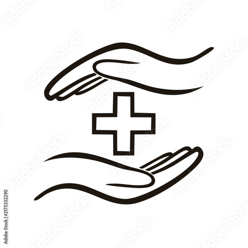 Hands Protecting Medical Cross Thin Line Icon