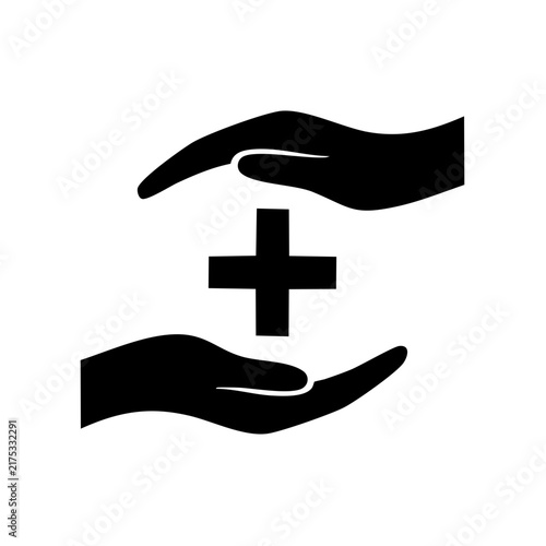 Hands Protecting Medical Cross Thin Line Icon