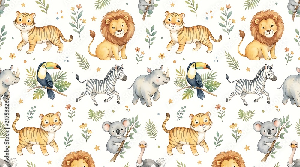 Obraz premium Seamless pattern with cute watercolor safari animals like lions tigers zebras rhinos and koalas in the jungle