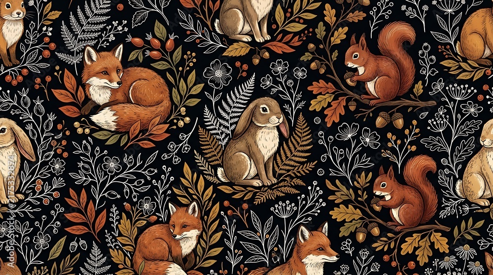 Seamless pattern with cute forest animals like fox squirrel and rabbit in a dark botanical woodland style design