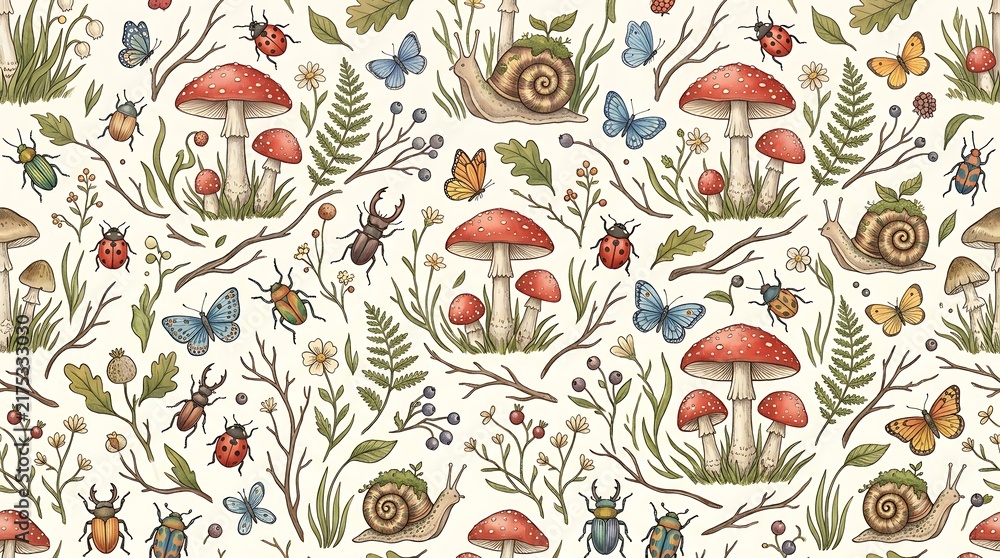 Seamless pattern with hand drawn mushrooms snails beetles and butterflies in a forest nature theme illustration