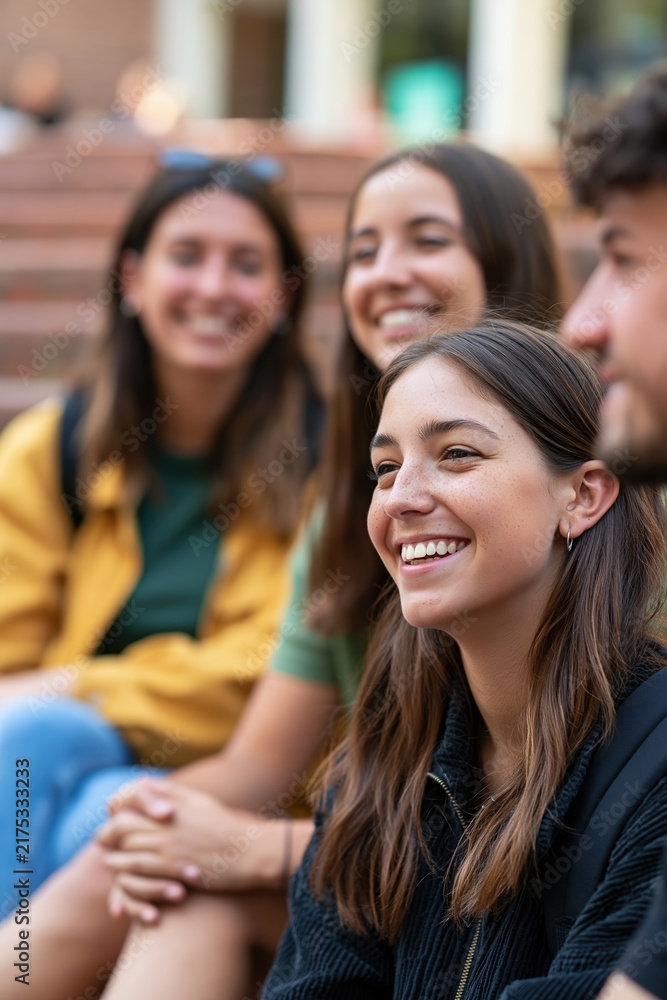 Obraz premium Group of students sitting on outdoor steps sharing a supportive conversation