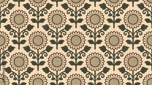 Seamless pattern with stylized sunflowers on a cream background for decorative textile and wallpaper design
