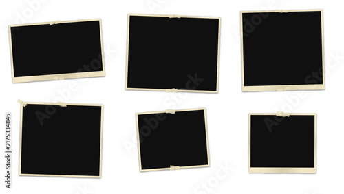 Six blank vintage frames with adhesive tape, arranged in a grid on a solid black background, for easy insertion, and layout